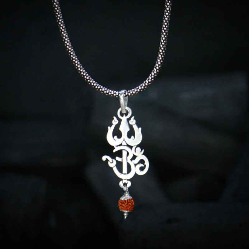 Trishul om pendant with rudraksha oxidised chain