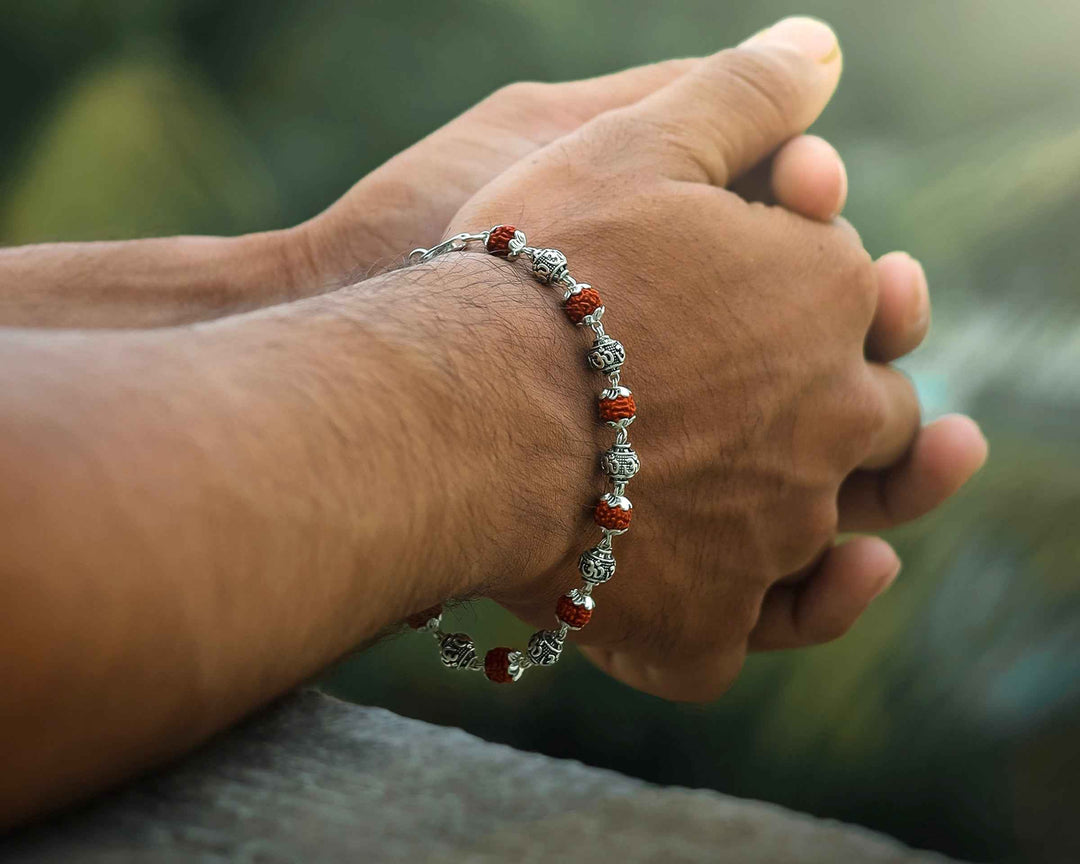 Rudraksha Om Beads Silver Bracelet