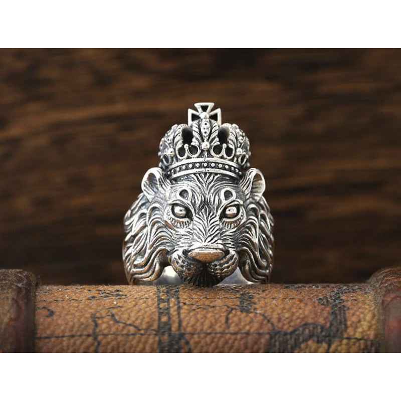 Silver Crown Lion Ring