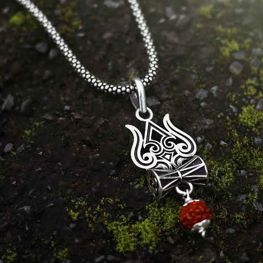Trishul Damru Rudraksha Pendant Chain 925 Silver