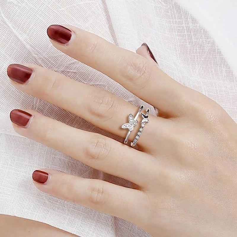 Diamond butterfly silver ring