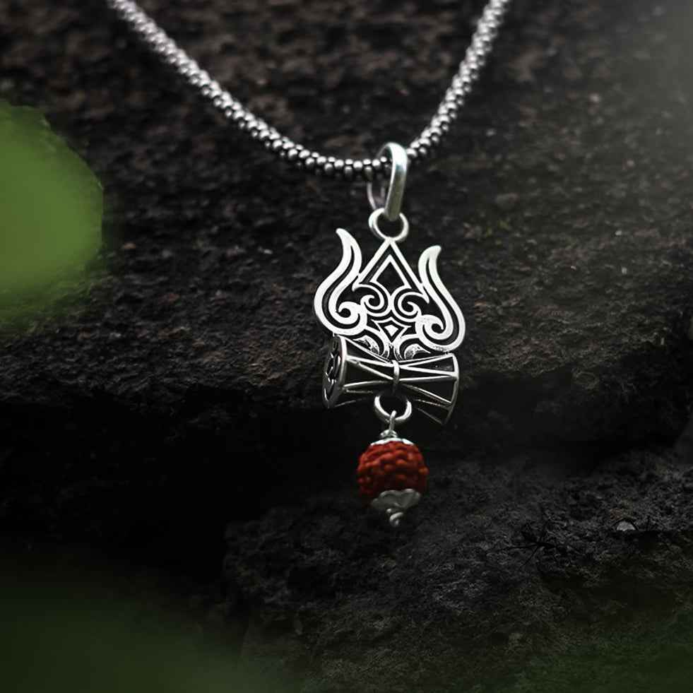 Trishul Damru Rudraksha Pendant Chain 925 Silver