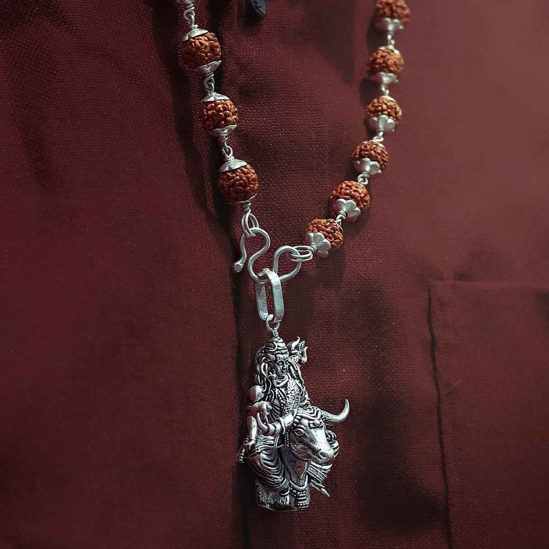 Silver Lord Shiva With Nandiji Pendant Rudraksha Mala