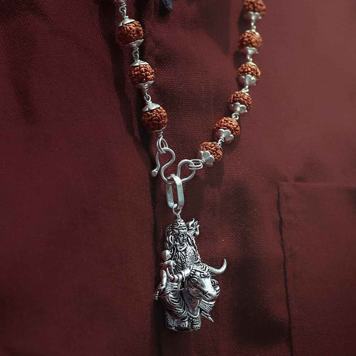 Silver lord shiva with nandiji pendant rudraksha mala