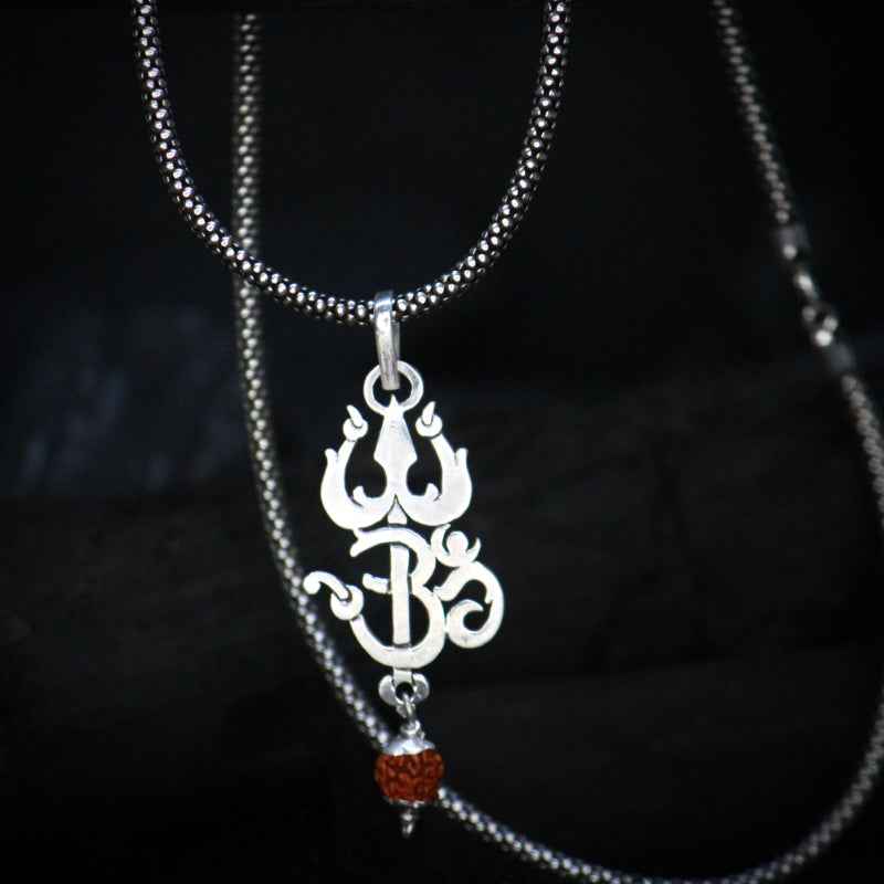 Trishul om pendant with rudraksha oxidised chain