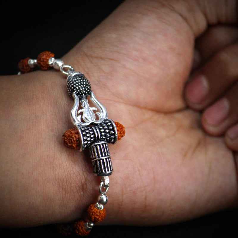 New Silver Trishul Damru Rudraksha Bracelet
