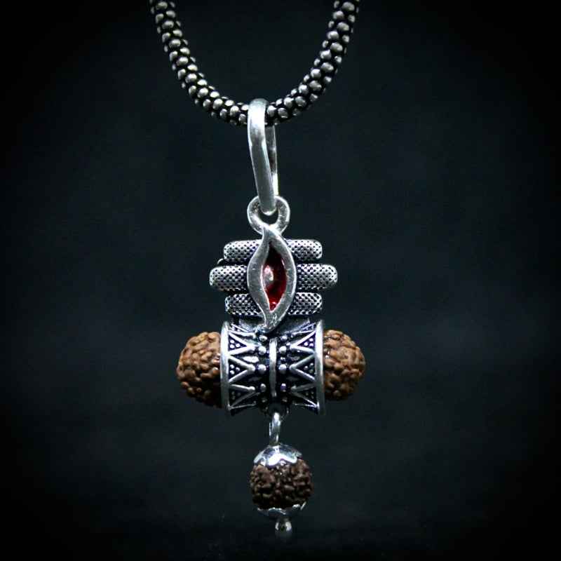 Trinetra damru rudraksha pendant with oxidised chain