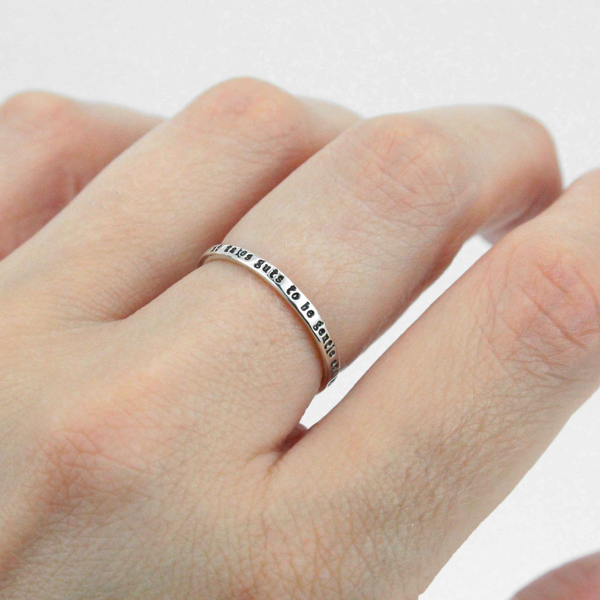 It takes guts to be gentle and kind   tiny message ring in sterling silver