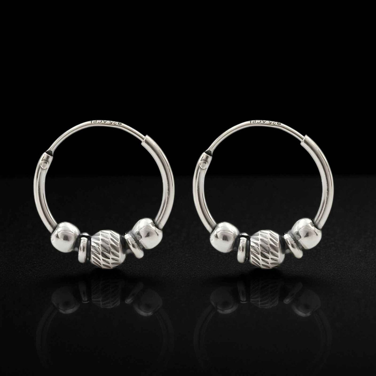 Ethnic 925 real sterling silver oxidized bali hoop earrings for women   pair