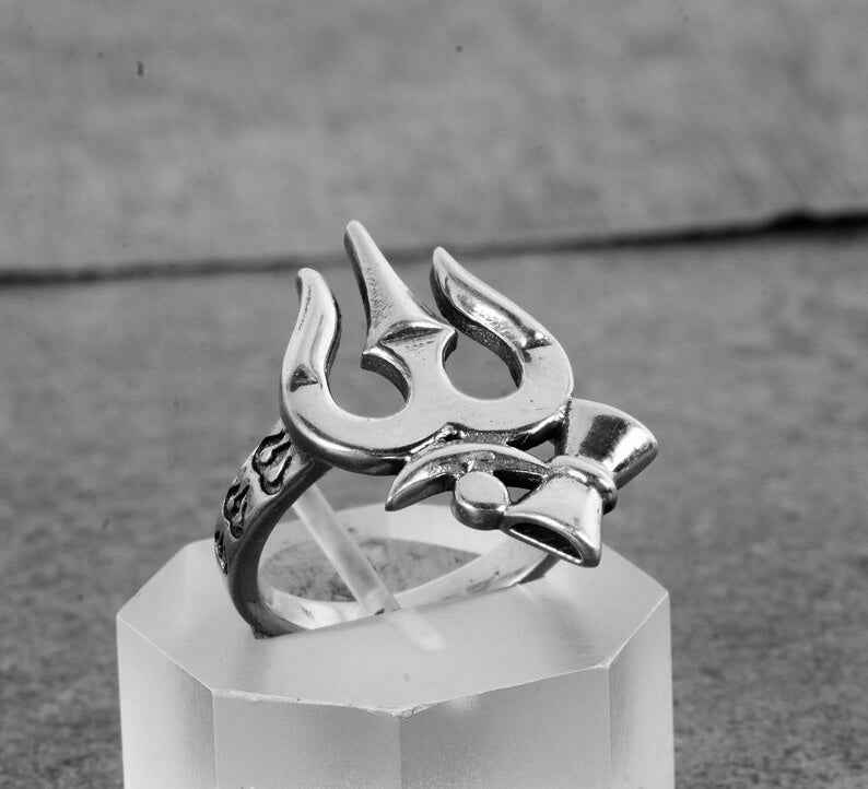 Trishul Damru Silver Ring