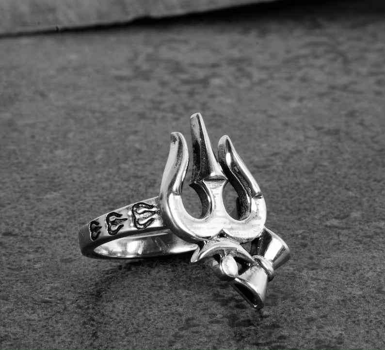 Trishul Damru Silver Ring