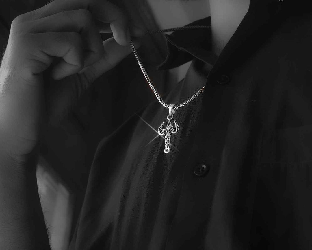Premium Silver Trishul Pendant Oxidised Silver Chain
