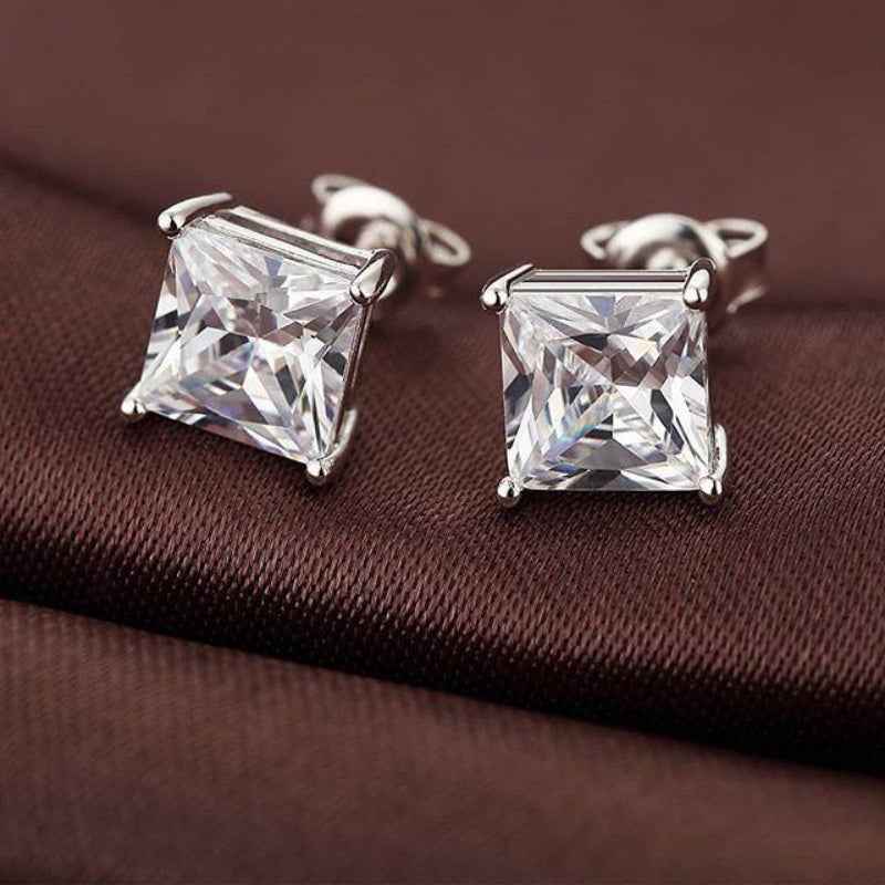 Square diamond silver earring